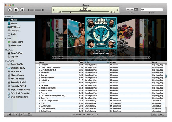 An iTunes window with Black Eyed Peas album art across the top and a playlist below