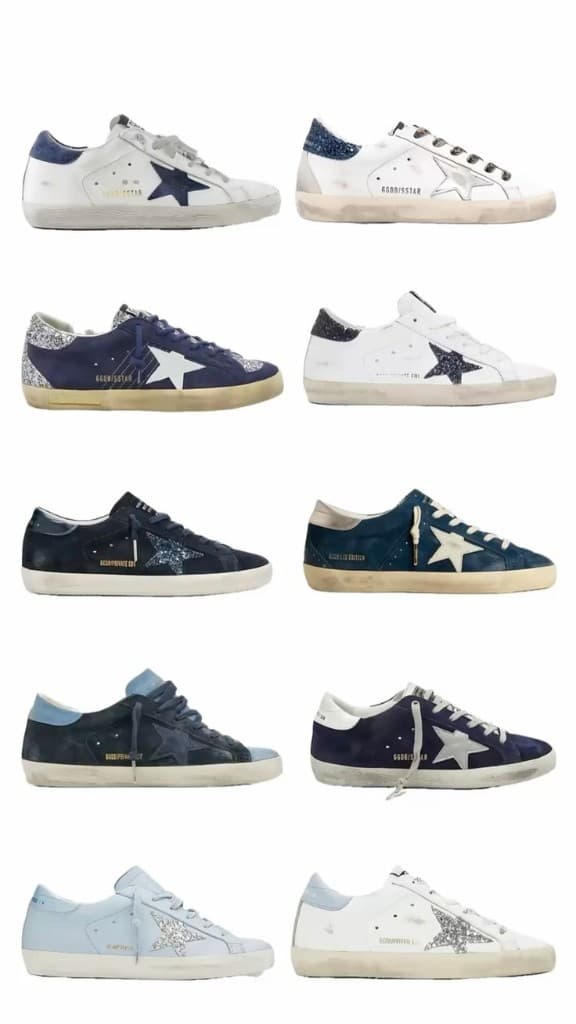 A grid of Golden Goose sneakers in worn leather, each with a star on the side