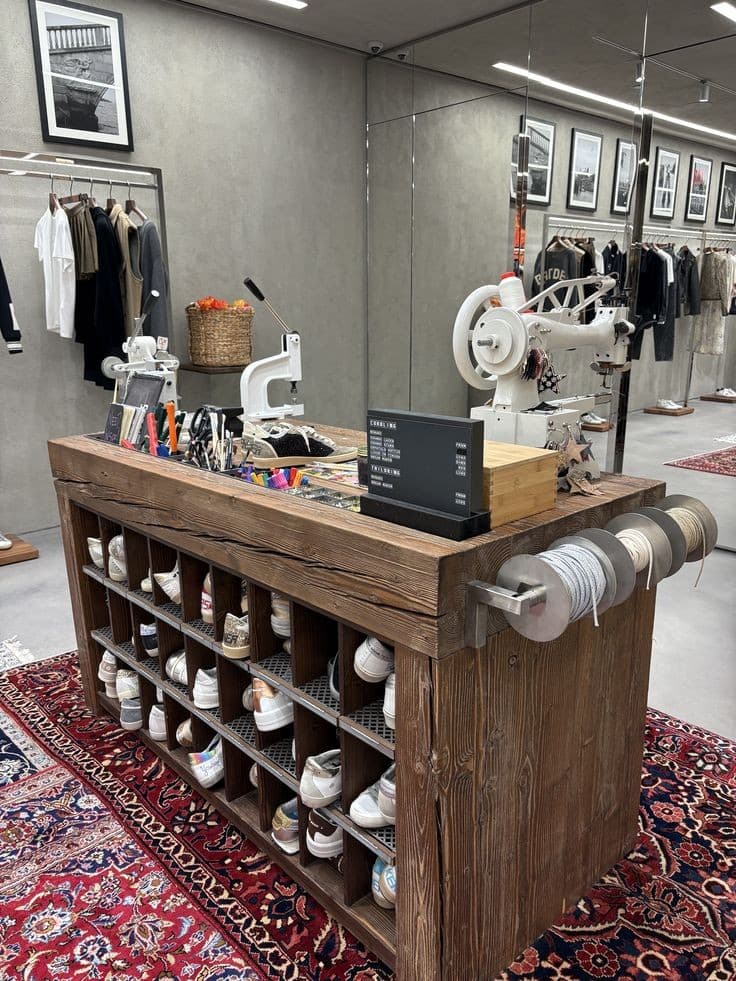Inside a Golden Goose store, a wooden bench with a sewing machine, spools of thread, and cubbies of shoes