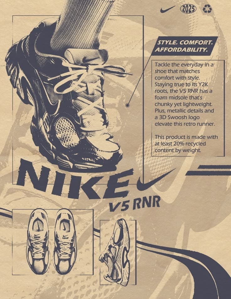 An illustrated Nike poster of a chunky runner, with a short story about the shoe beside it