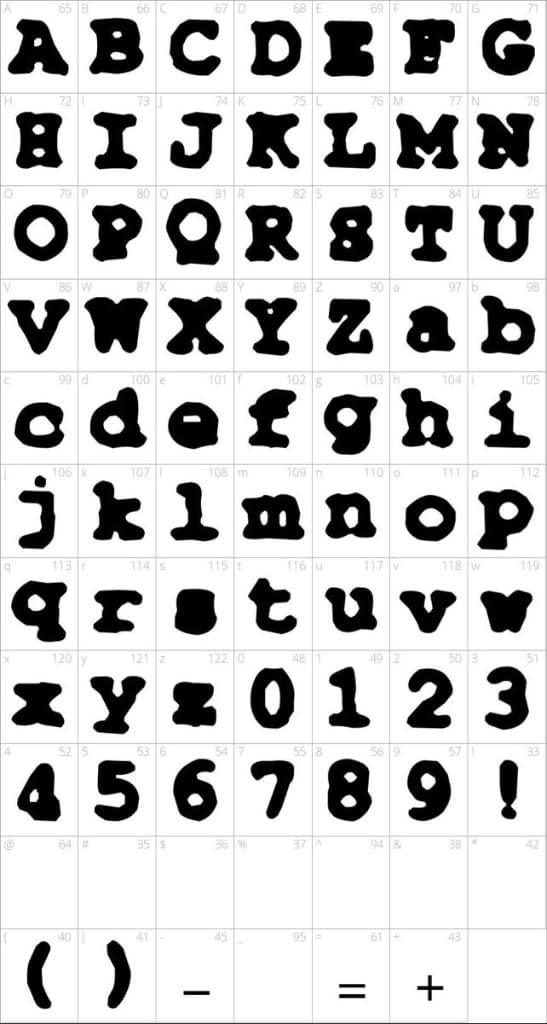 A specimen of soft, uneven display letters, with the alphabet, numbers, and punctuation
