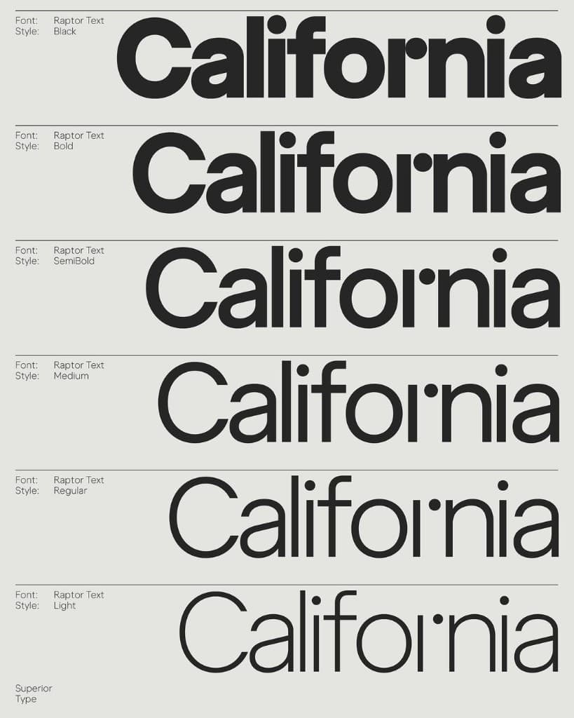 A type specimen of the word California, set in six weights from black to light