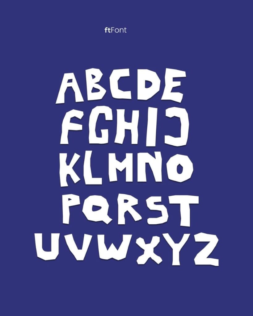 White display capitals with uneven heights and cut edges, set on a deep blue field