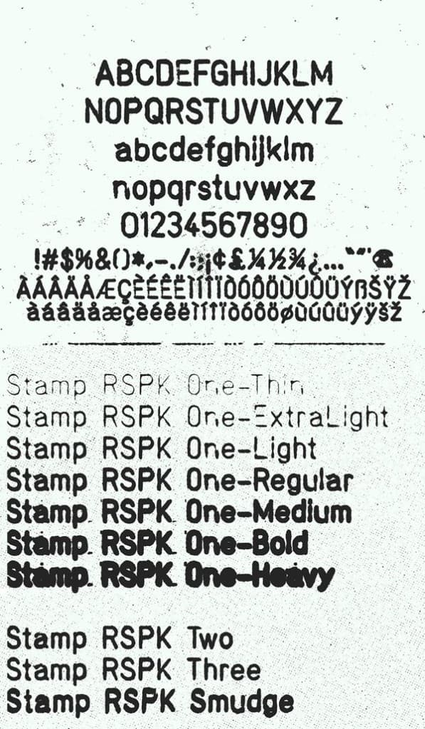 A rubber-stamp type specimen showing an alphabet and weights from thin to heavy