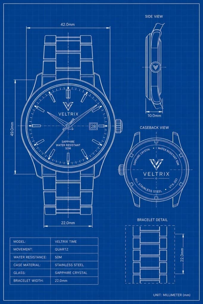 A watch engineering drawing with case, side, caseback, and bracelet dimensions