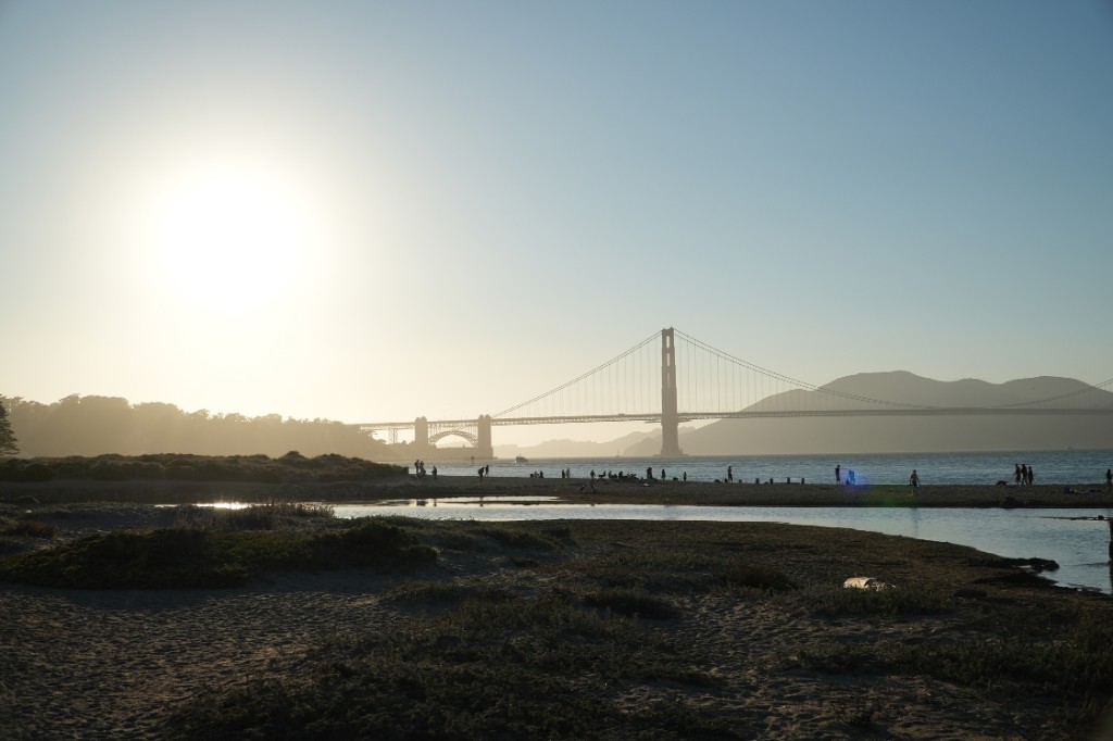 Golden Gate Bridge at sunset from the beach