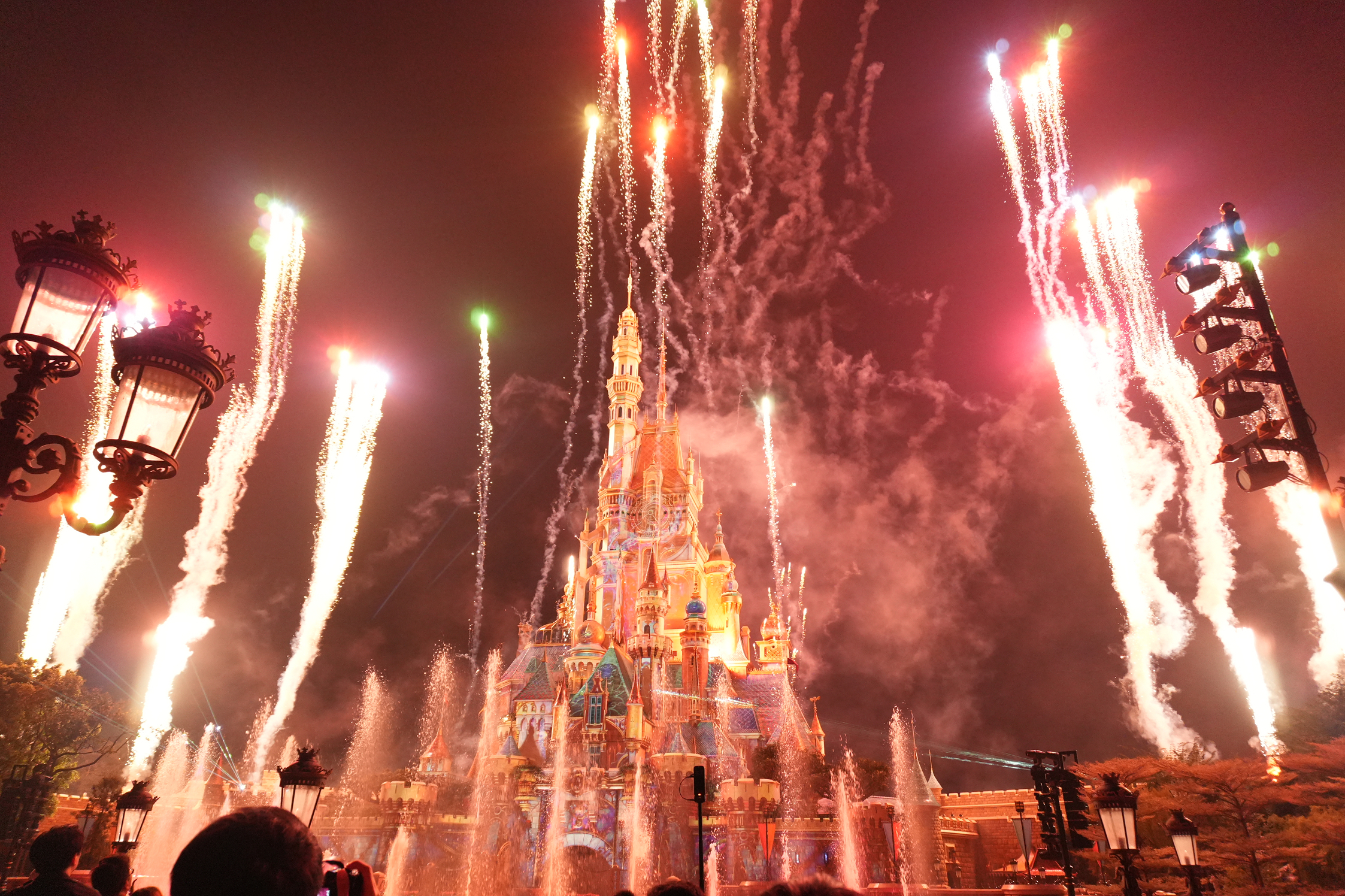 Fireworks over the castle at Hong Kong Disneyland